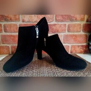 Womens Black Suede Boots Heeled Ankle Side Zip Booties Casual Office Date Silver